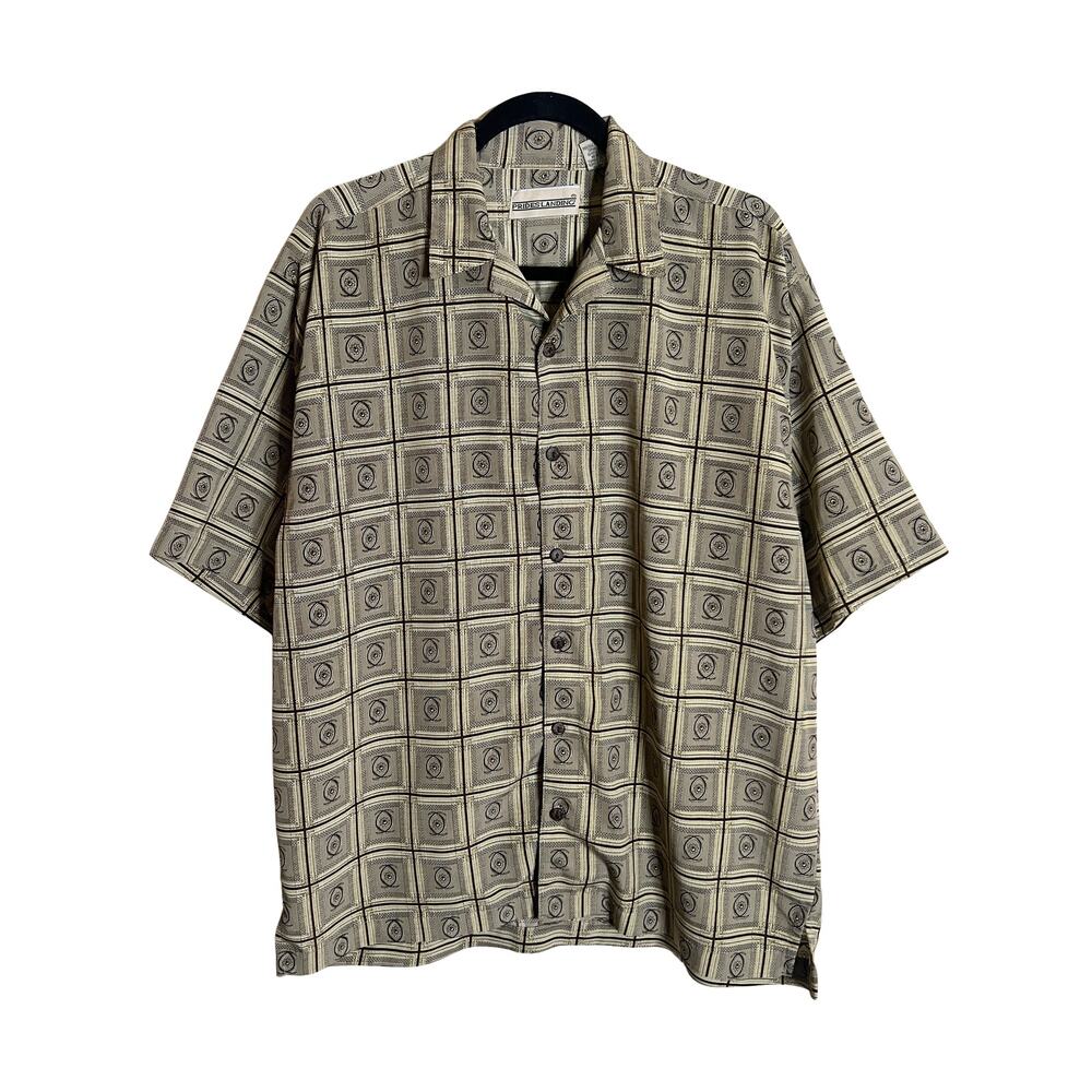 Vtg Prides Landing Shirt Beige Geometric Groovy Resort Vacation Cruise Summer